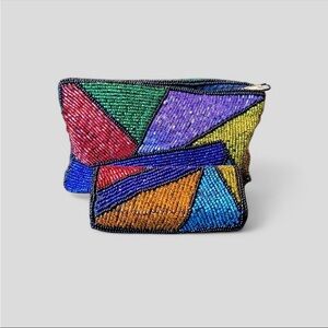 Vintage 1960 Neiman Marcus Hand-Beaded Color Block Pouch & Lipstick Holder Set